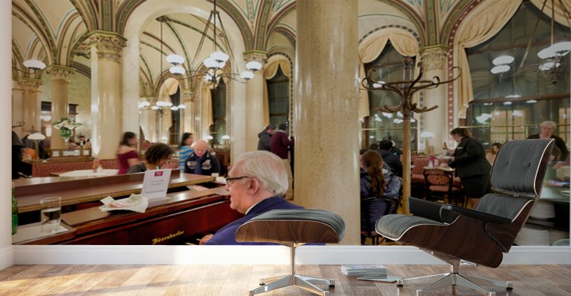 Man playing piano in an ornate bustling cafe. Wall Murals