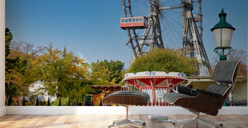 Prater Ferris wheel and carousel under a clear blue sky. Wall Murals