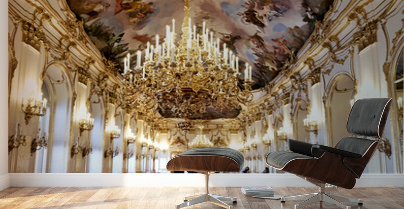 Ornate palace hall with chandeliers painted ceiling and red ca Wall Murals