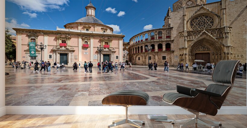 Valencia scene in Plaza de la Virgen with famous sites and peopl Wall Murals