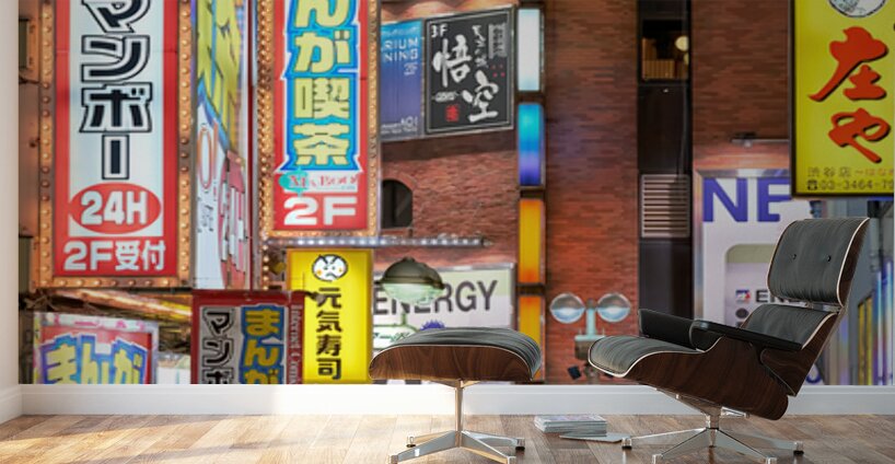 Nighttime crowd under neon lights in Shibuya district in Tokyo Wall Murals