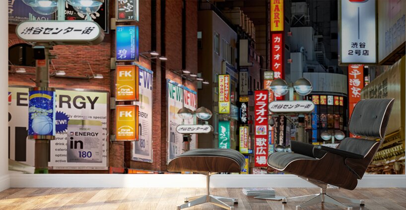 Neon lights shine bright in Shibuya district at night in Tokyo Wall Murals