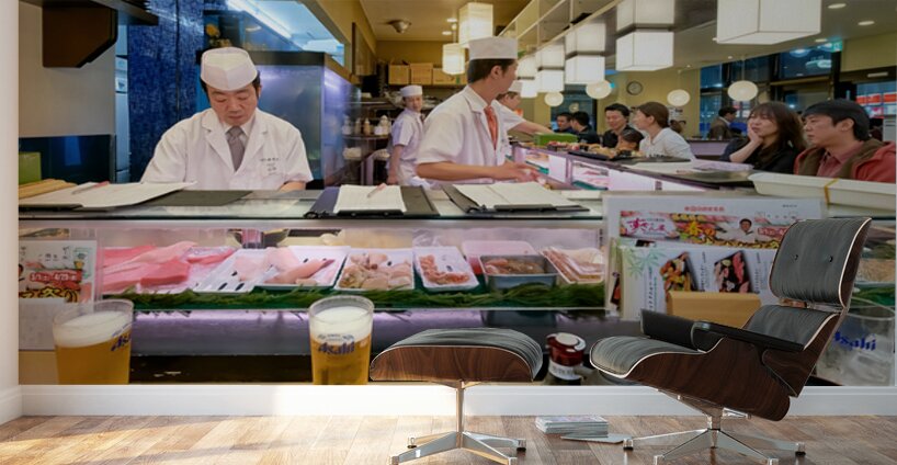 Sushi bar in Shibuya district with chefs and guests enjoying mea Wall Murals