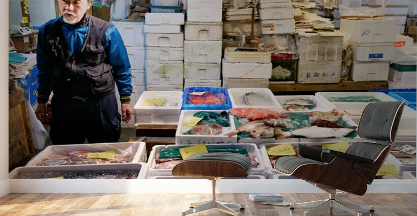 Fish market in Tokyo shows variety of seafood and local seller Wall Murals