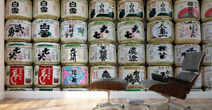 Sake barrels lined up at Meiji Jingu in Tokyo Japan Wall Murals