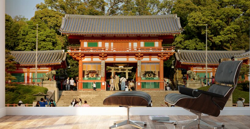 Kyoto Yasaka shrine temple with visitors and trees in background Wall Murals