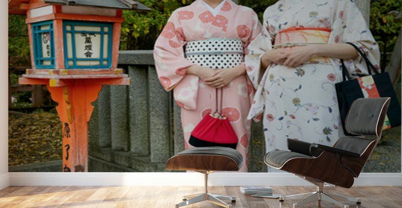 Young women in traditional kimono at Yasaka Shrine in Kyoto Wall Murals