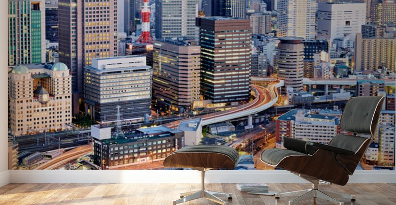 Osaka financial district at dusk with city lights and busy stree Wall Murals