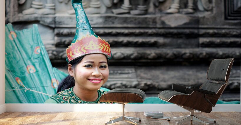 Smiling Cambodian dancer in traditional peacock costume at templ Wall Murals