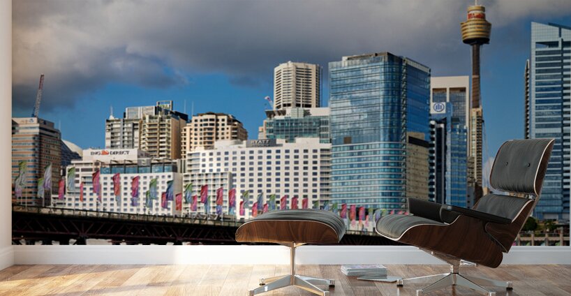 Sydney Harbour skyline with bridge and flags. Wall Murals