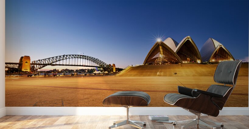 Sydney Opera House and Harbour Bridge at dusk. Wall Murals