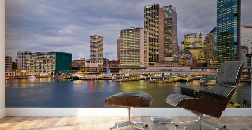 Sydney Harbour at dusk with ferries and city skyline. Wall Murals