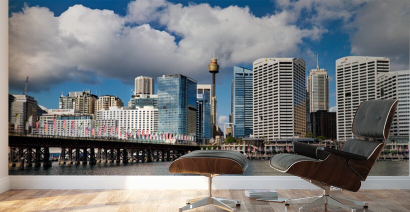 Sydney Harbour skyline with bridge and buildings under clouds. Wall Murals
