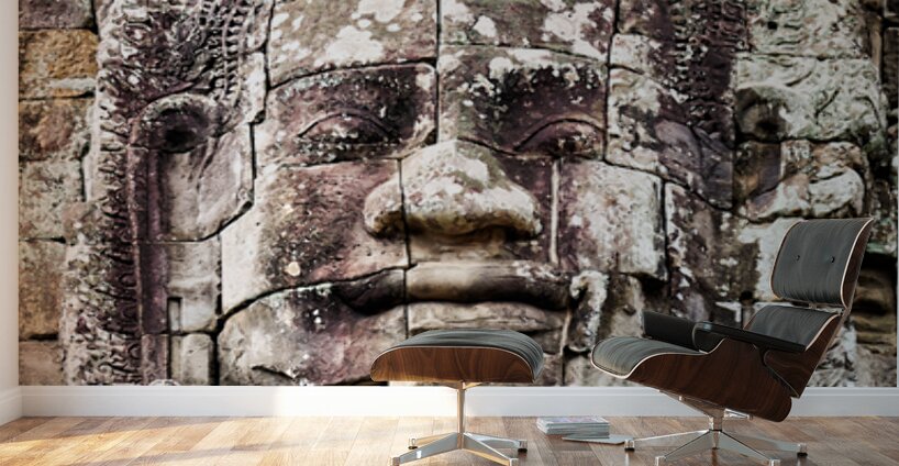 Ancient Khmer stone face Bayon temple. Wall Murals