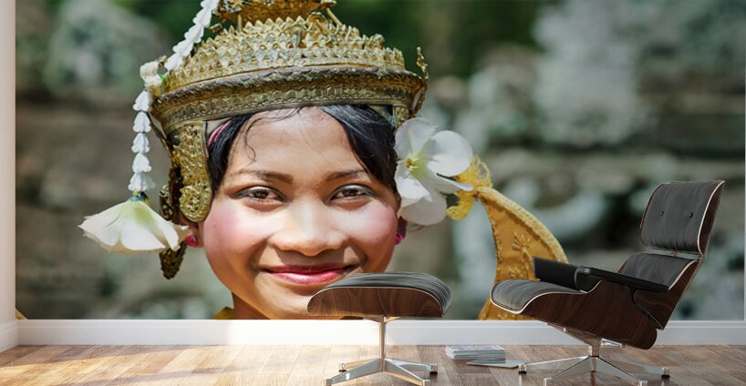 Smiling Cambodian dancer in traditional golden costume and crown Wall Murals
