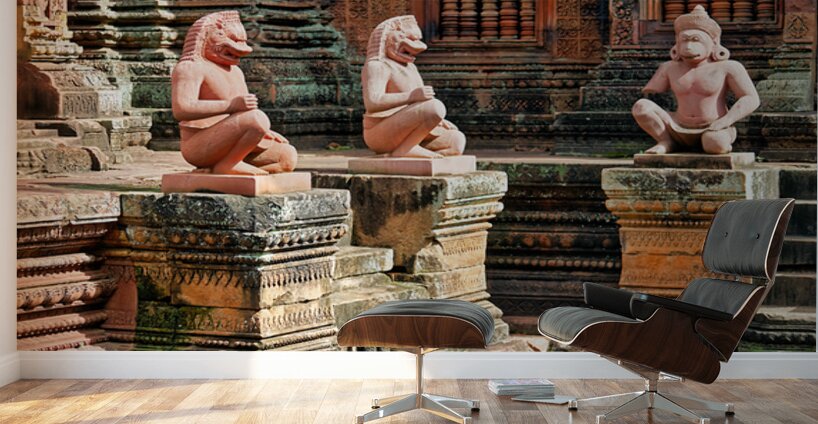 Ancient temple with guardian statues and ornate carvings. Wall Murals