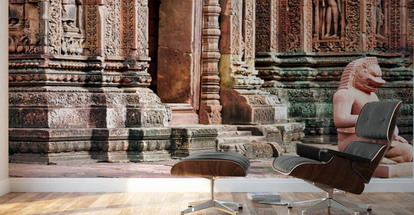 Ancient Cambodian temple with intricate carvings and guardian st Wall Murals