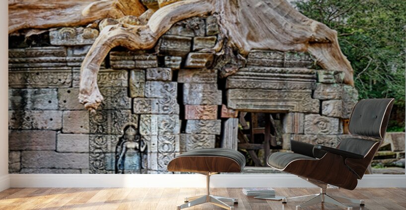Tree roots engulf ancient temple ruins. Wall Murals