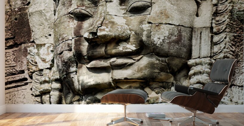Serene stone face carving Bayon temple Angkor. Wall Murals