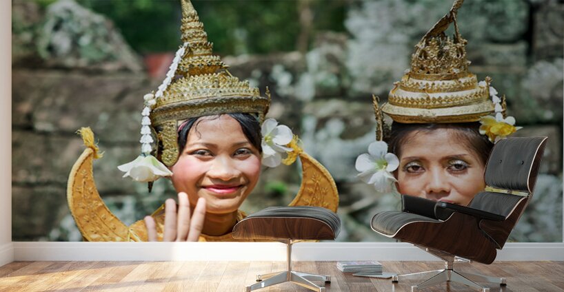 Cambodian dancers in golden attire and elaborate headwear. Wall Murals