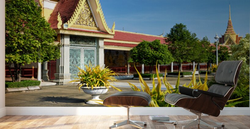 Golden temple green trees and birds under a blue sky. Wall Murals