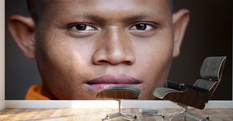 Young Buddhist monk in orange robe close up portrait. Wall Murals