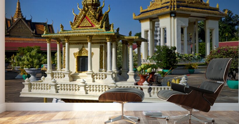 Golden shrine and temple buildings in Cambodia under blue sky. Wall Murals