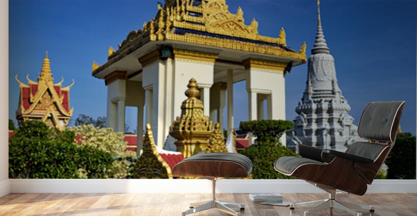 Golden temples and a grey stupa under a clear blue sky. Wall Murals