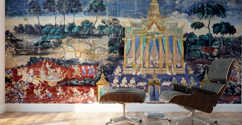 Ancient mural depicting temple figures and scenes of life. Wall Murals