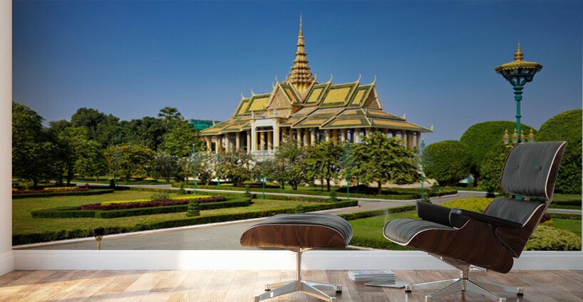 Golden roofed palace in lush gardens Phnom Penh Cambodia. Wall Murals