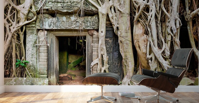 Ancient temple ruins consumed by massive tree roots. Wall Murals