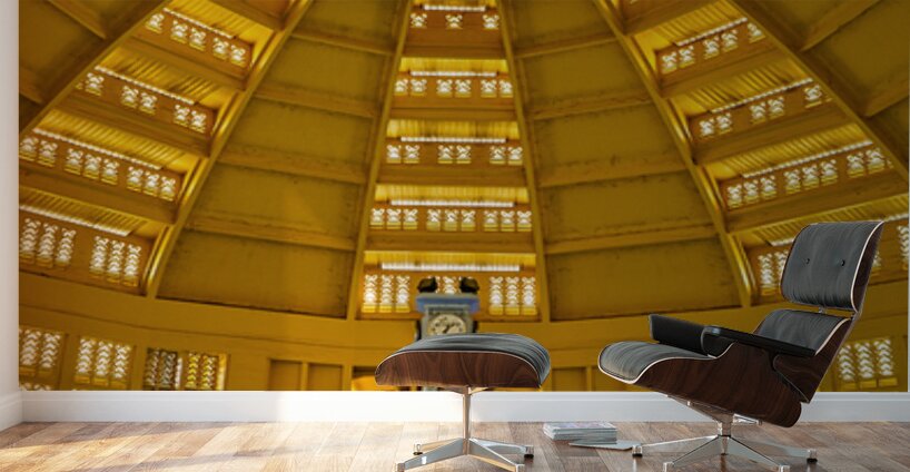 Grand domed market interior with central clock and bustling stal Wall Murals