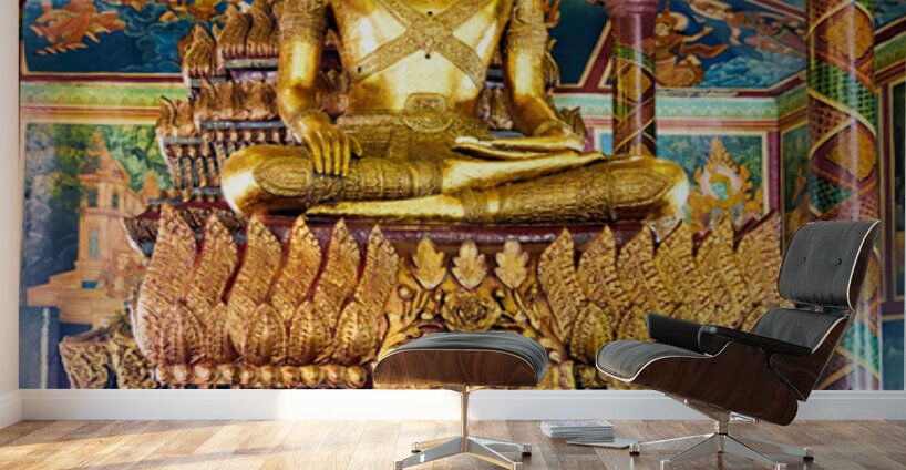 Ornate golden Buddha statue in a richly decorated temple. Wall Murals