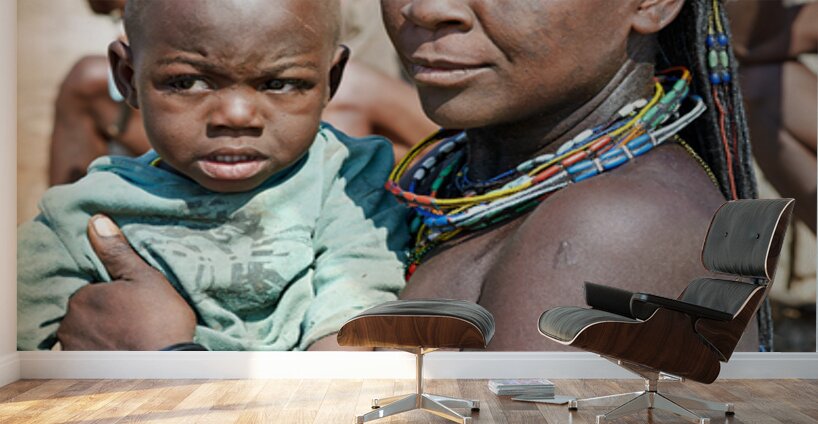 Portrait of young Zemba woman holding child in Kunene Region Wall Murals