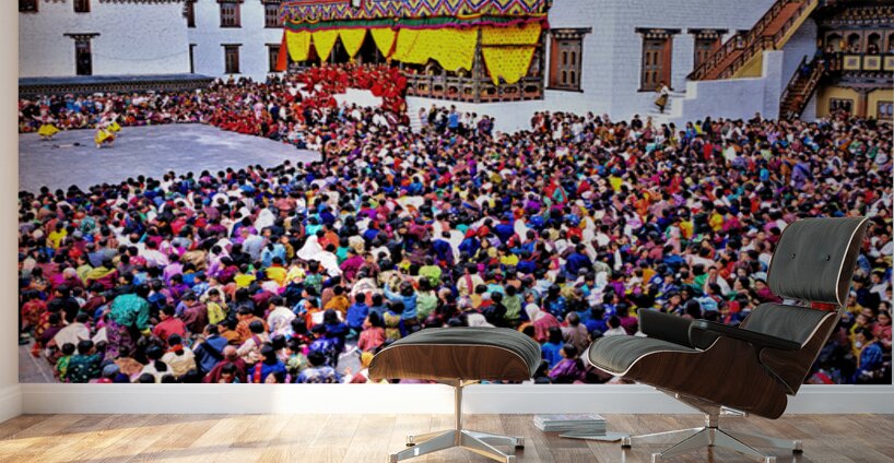 Large crowd at a traditional Bhutanese festival. Wall Murals