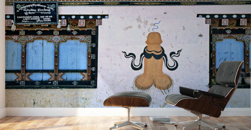 Phallus painting on a building wall with windows and shop sign. Wall Murals