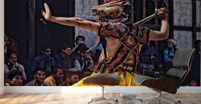 Bhutanese masked deer dancer performs for an attentive audience. Wall Murals