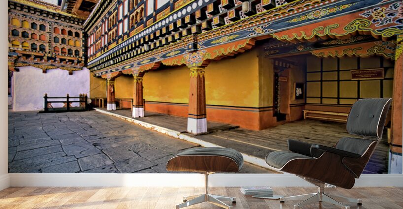 Vibrant ornate Bhutanese temple architecture and stone courtyar Wall Murals