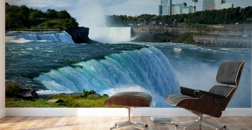 Niagara Falls with city skyline and boat. Wall Murals
