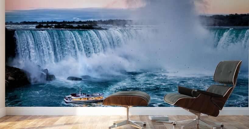 Hornblower boat approaches powerful Niagara Falls. Wall Murals