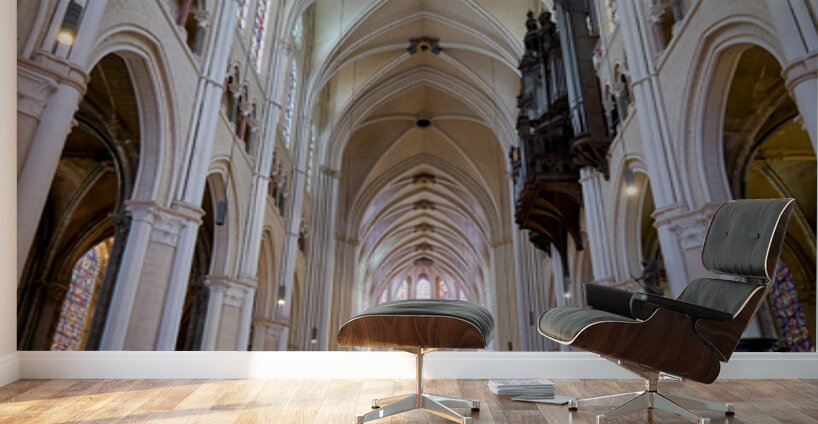 Chartres Cathedral inside with tall arches and wooden chairs Wall Murals
