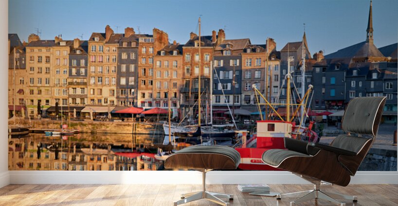 Sunrise at Honfleur harbour in Normandy France with reflections Wall Murals