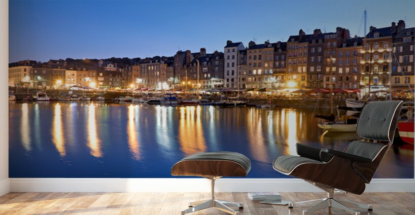 Harbour view of Honfleur at dusk with boats and buildings Wall Murals