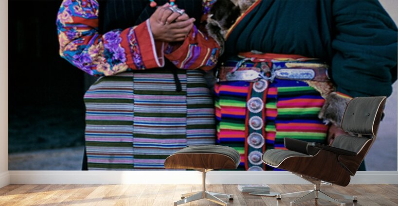 Masked individuals in traditional clothing hold hands in Tibet Wall Murals
