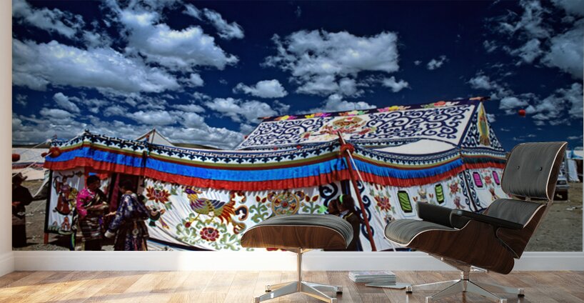 Colorful Tibetan tent with people under a cloudy sky in Tibet Wall Murals