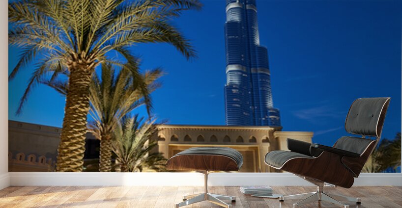 Burj Khalifa stands tall at night with light reflections in Duba Wall Murals