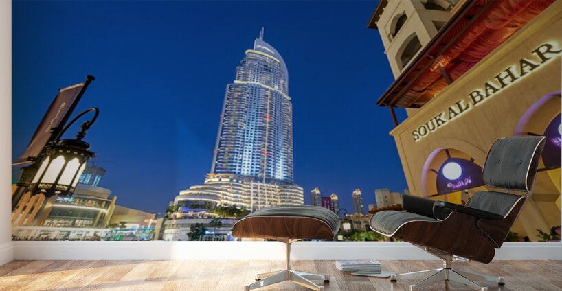 Night lights and waterfront dining in Dubai cityscape Wall Murals