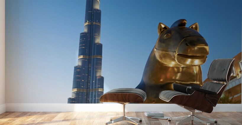 Burj Khalifa and golden horse statue at dusk in Dubai Wall Murals