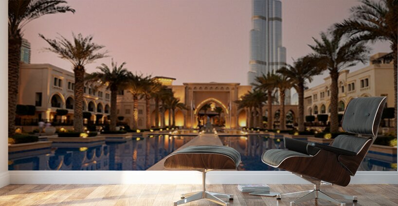 Burj Khalifa towers over pool and traditional buildings in Dubai Wall Murals