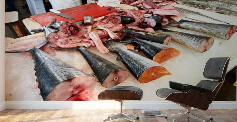 Fresh fish and seafood displayed on ice in Dubai market Wall Murals